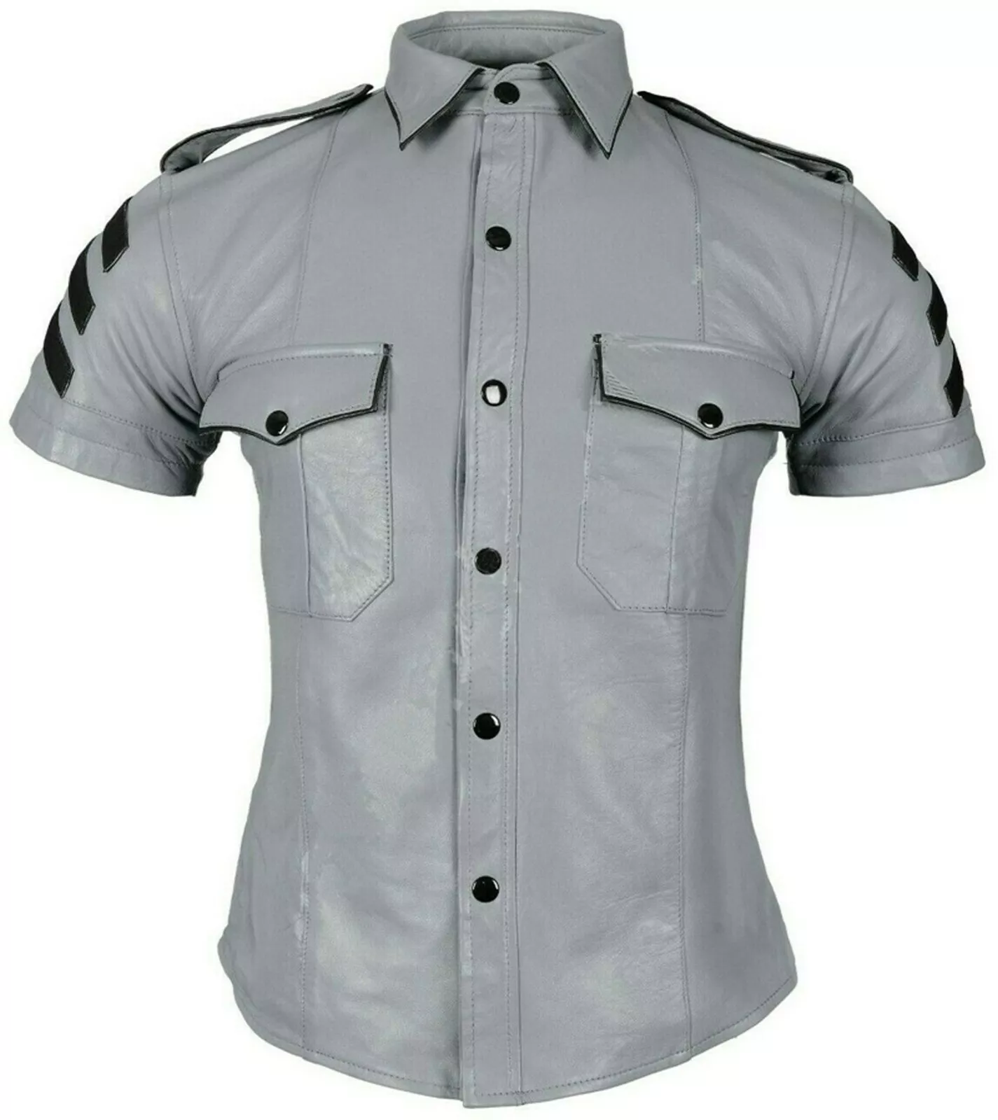 s-l1600 Men’s Police Uniform Style Short Sleeve T-Shirt in Real Sheep Leather - Image 1